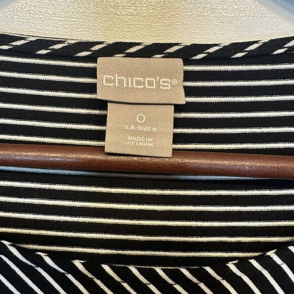 Chicos 0 Top Small Black White Stripes Stretch 3/4 Sleeve Pockets Tunic Blouse - Picture 6 of 7